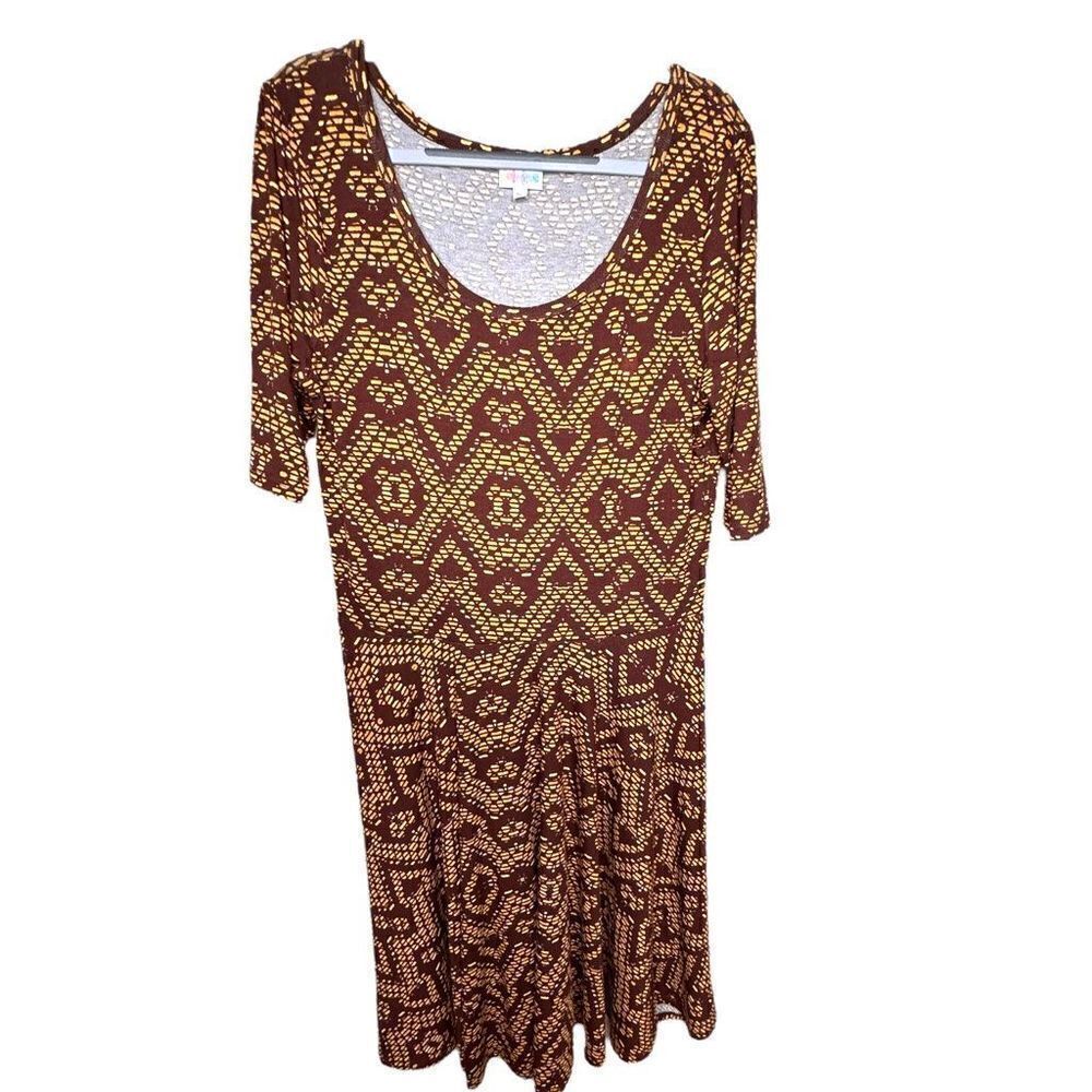 LulaRoe Nicole dress round neck 3/4 sleeve brown geometric design womens size xl